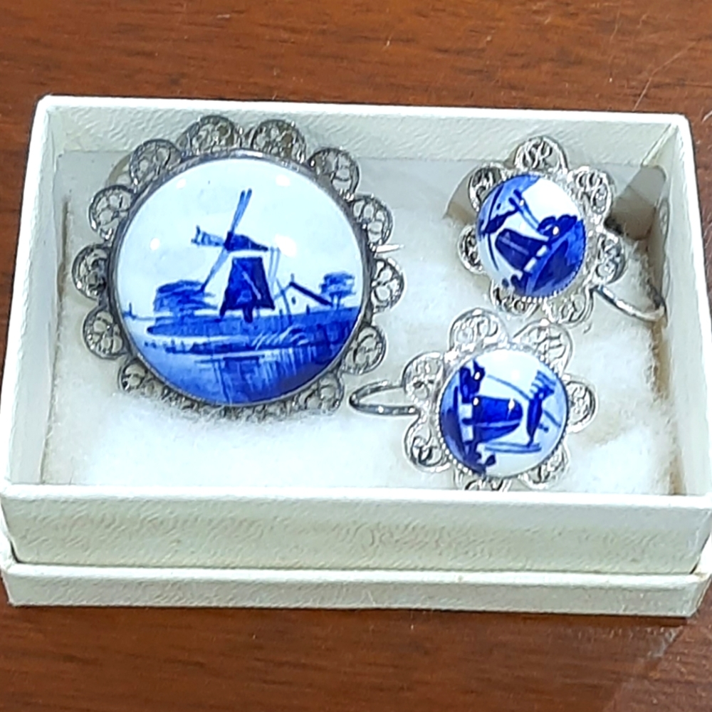 Antique Delft Holland Filigree Sterling Silver Porcelain Earrings & Brooch